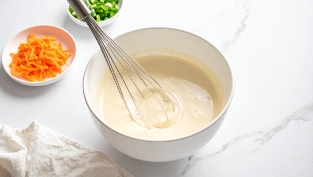 Whisking light batter in a ceramic bowl on white marble countertop for homemade Korean veggie pancakes with vegetables alongside