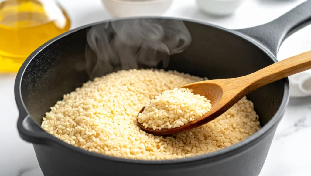 Close-up 45-degree angle shot of jasmine rice being toasted with sesame oil in a black pot with a wooden spoon on a white marble kitchen countertop