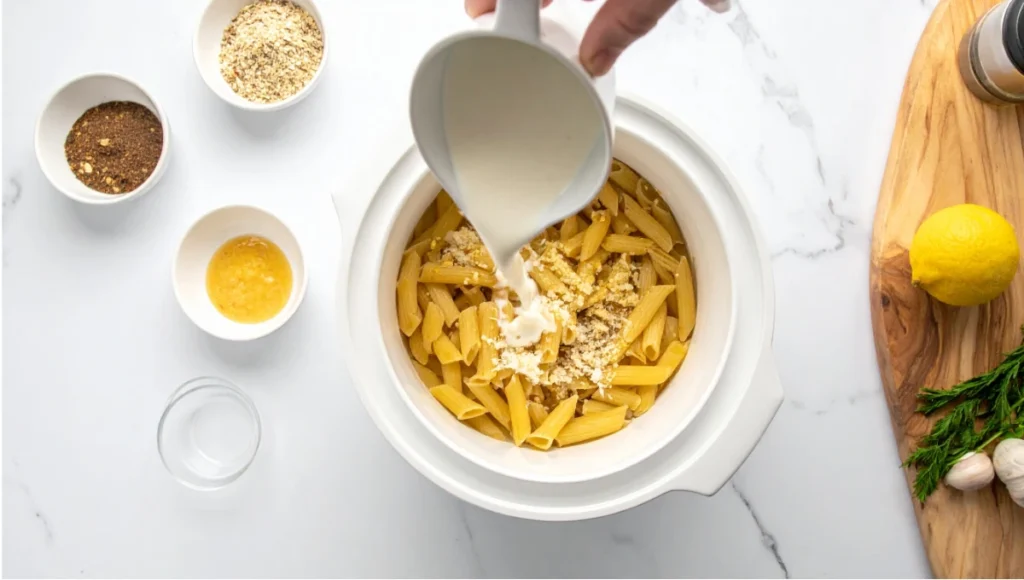 Pouring coconut milk into crockpot with gluten-free pasta and seasonings for dairy-free recipe