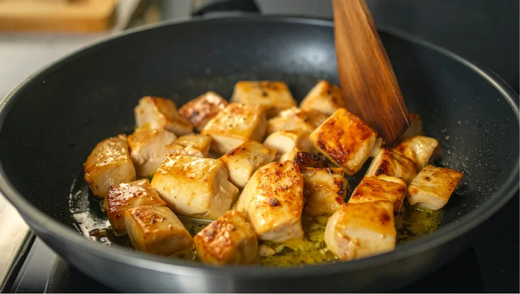 Diced chicken breast pieces searing to a golden-brown crust in a stainless steel skillet with butter and olive oil during pasta preparation