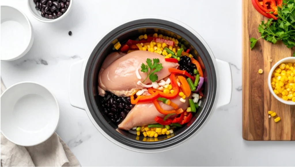 Slow cooker filled with layered raw ingredients for healthy low-point Weight Watchers chicken chili