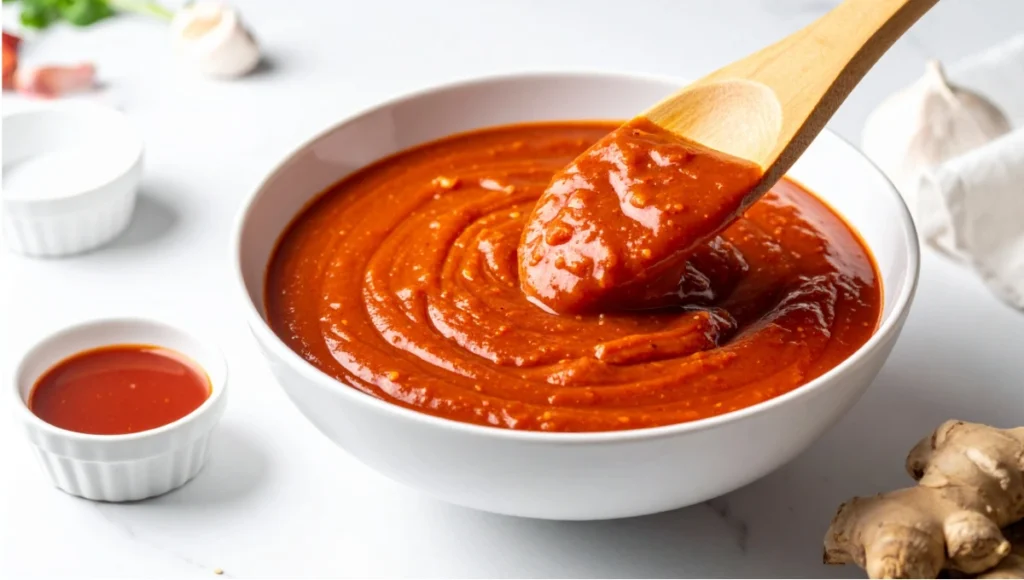 Whisking vibrant red Korean BBQ sauce base mixture in white bowl on marble counter