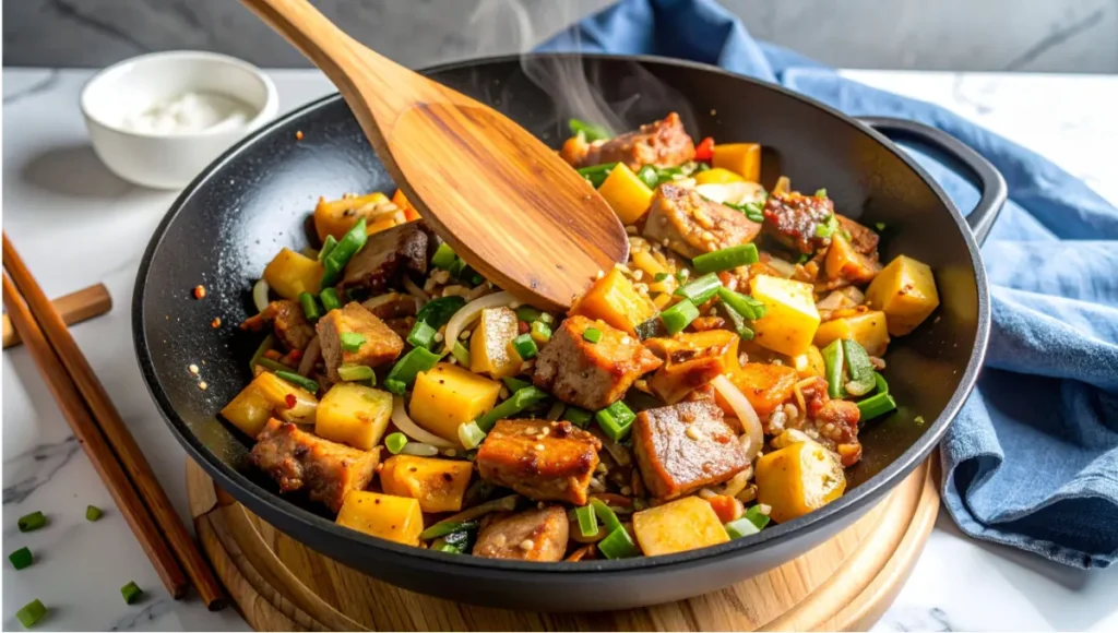 Stir-frying pork belly with diced onion zucchini and potato for authentic Ja Jang Myun black bean sauce in wok