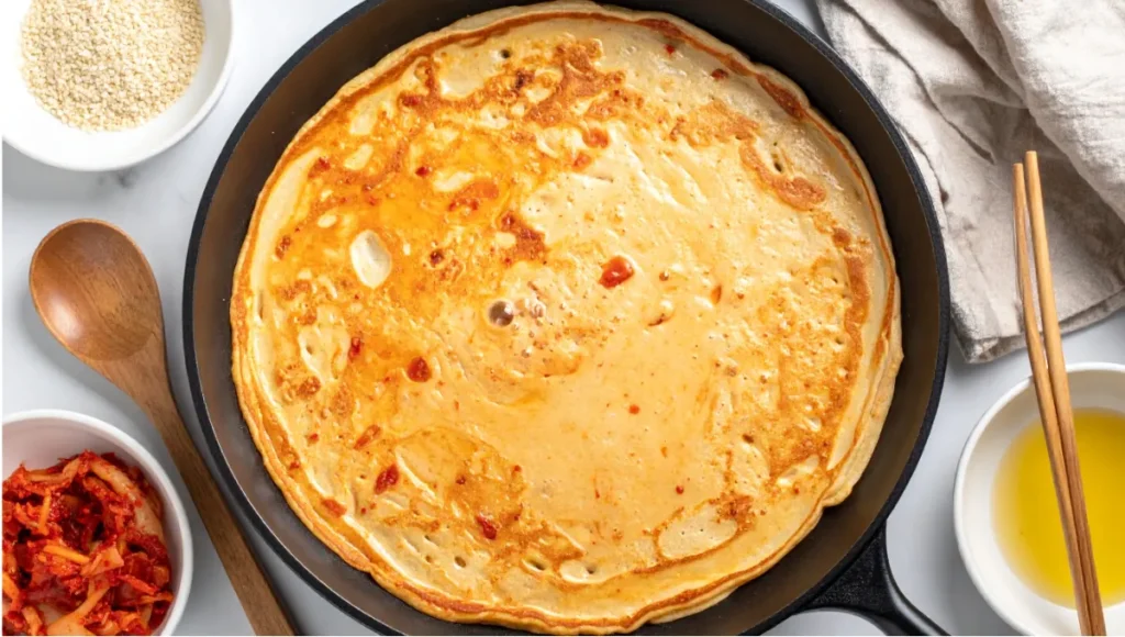 Cooking golden crispy Korean kimchi jeon savory pancake in skillet on marble countertop