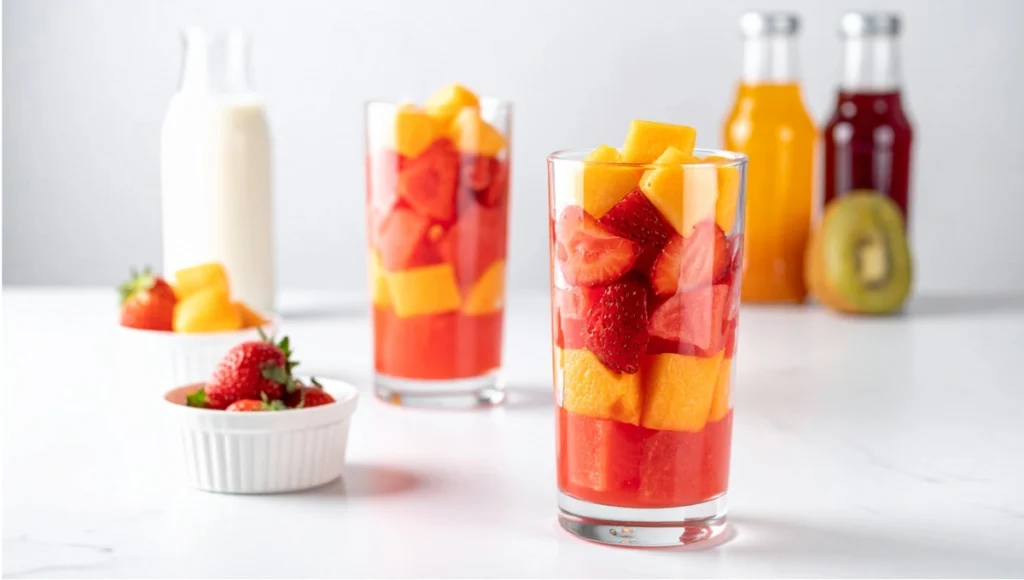 Close-up of layered fresh watermelon, strawberries, and cantaloupe in glass for preparing Korean fruit milk soda dessert Hwachae