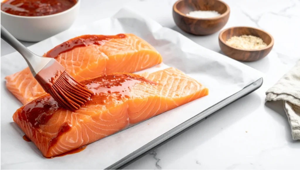 Raw salmon fillets being brushed with glossy gochujang marinade on a baking sheet, ready for oven
