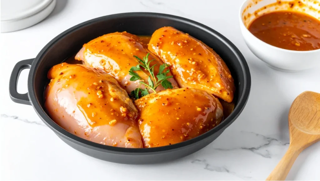 Chicken breasts coated in Huli Huli marinade inside Crock Pot ready for slow cooking on marble countertop