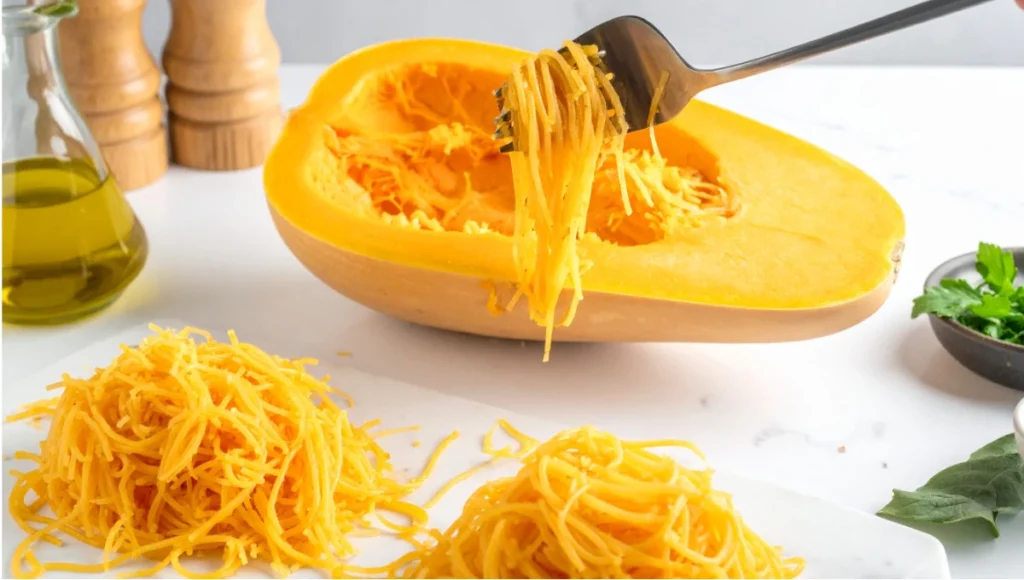 Fork shredding cooked spaghetti squash into long golden strands on white marble countertop