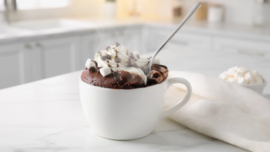 Finished hot chocolate mug cake topped with whipped cream, marshmallows, and chocolate drizzle in white mug