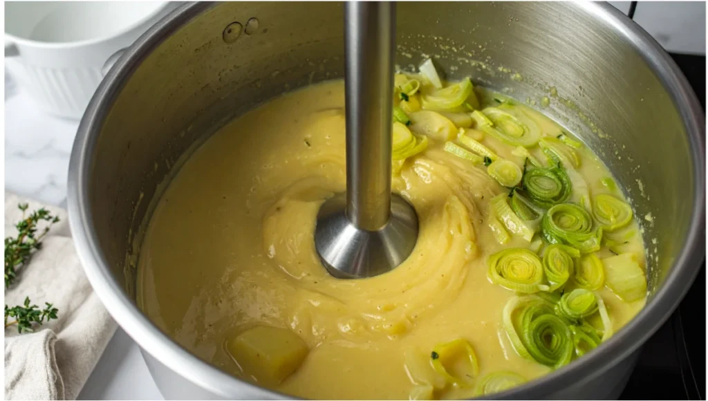Immersion blender transforming chunky potato and leek mixture into smooth creamy soup inside a stainless steel pot
