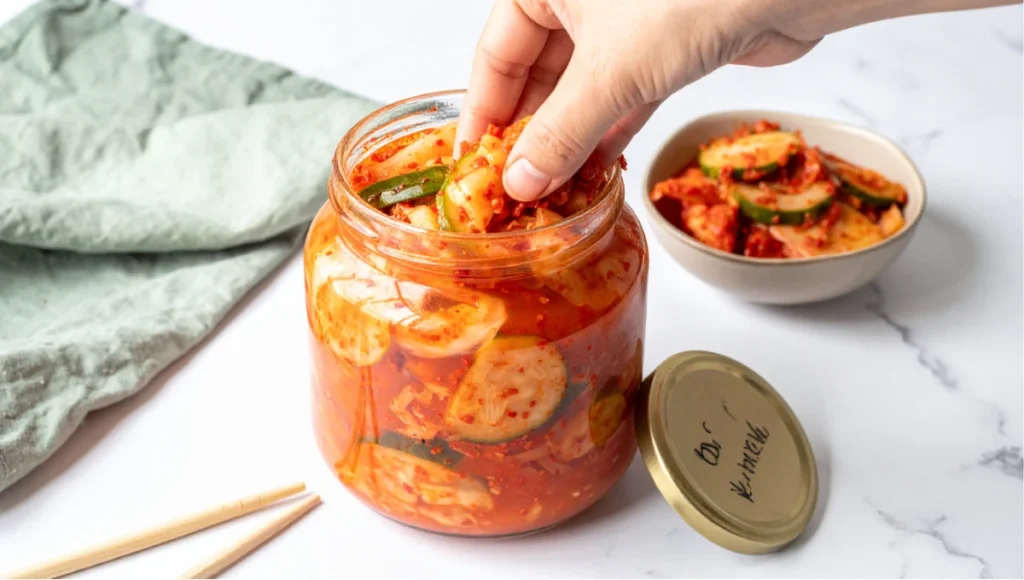 Cucumber kimchi being packed into a glass mason jar by hand on a white marble countertop, showing vibrant red gochugaru-coated cucumber slices and green onions