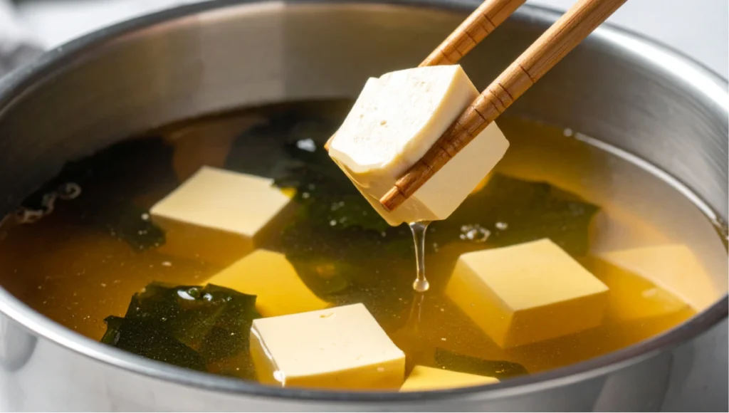 Silken tofu cubes and rehydrated wakame seaweed being added to a pot of miso soup broth with bamboo chopsticks on a white marble kitchen countertop