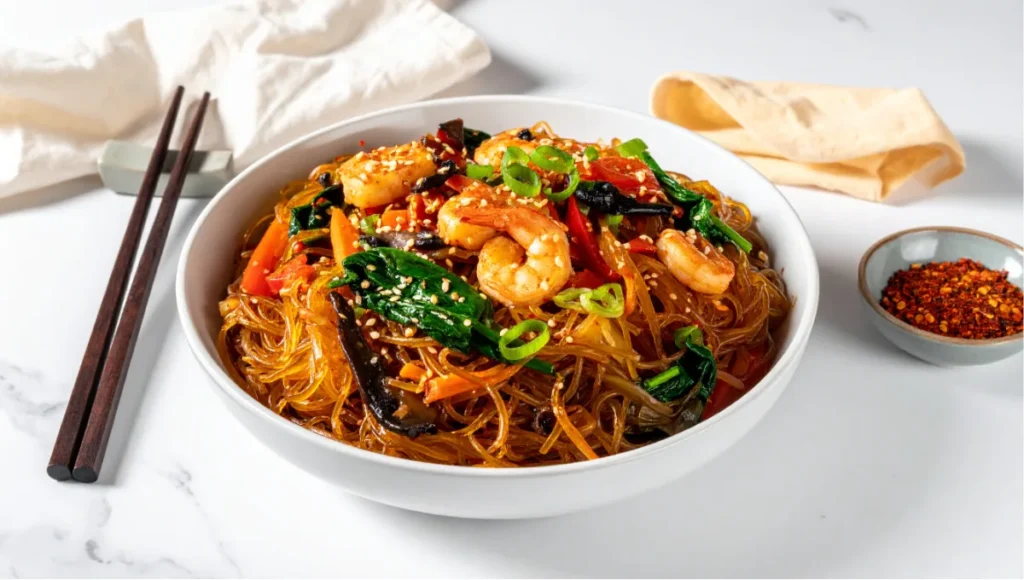 Family-style Korean glass noodles dish with shrimp and colorful stir-fried vegetables in a white ceramic bowl on a marble countertop, garnished with sesame seeds and green onions