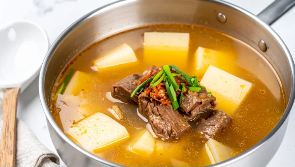 Simmering Korean beef soup with radish chunks and beef brisket in a stainless steel pot on a white marble countertop showing the broth-building step of soegogi-guk recipe