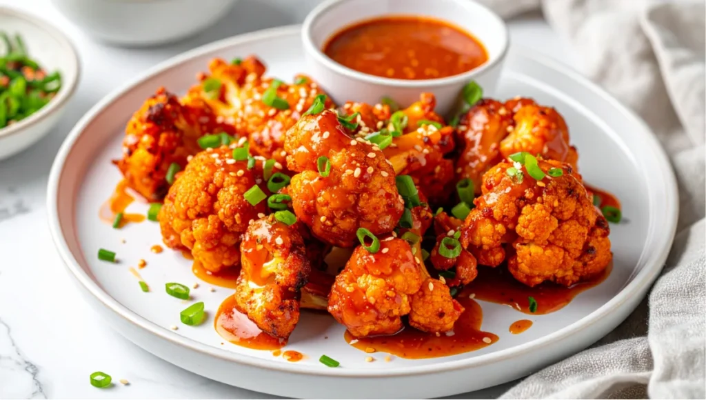 Gochujang-glazed cauliflower wings on a white ceramic plate garnished with sesame seeds and green onions on a marble countertop
