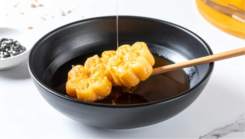 Golden fried yakgwa Korean pastries soaking in warm amber honey ginger syrup in a ceramic pot on white marble countertop