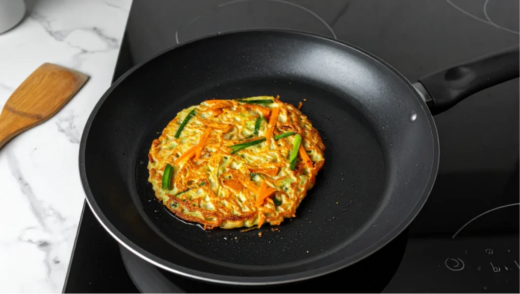 Korean veggie pancake cooking in a black non-stick skillet with golden crispy edges and colorful julienned vegetables visible on the surface