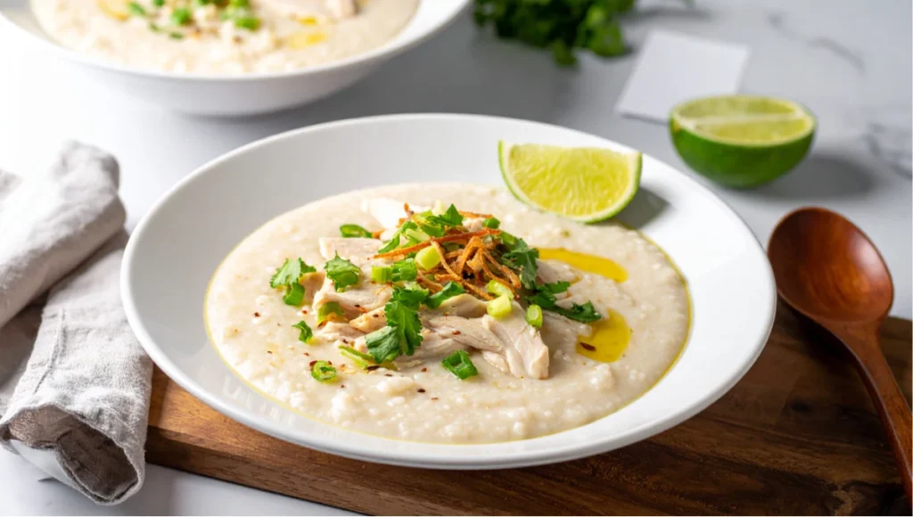 Styled serving bowl of creamy chicken rice porridge garnished with shredded chicken, green onions, cilantro, sesame oil drizzle, and lime wedge on white marble countertop