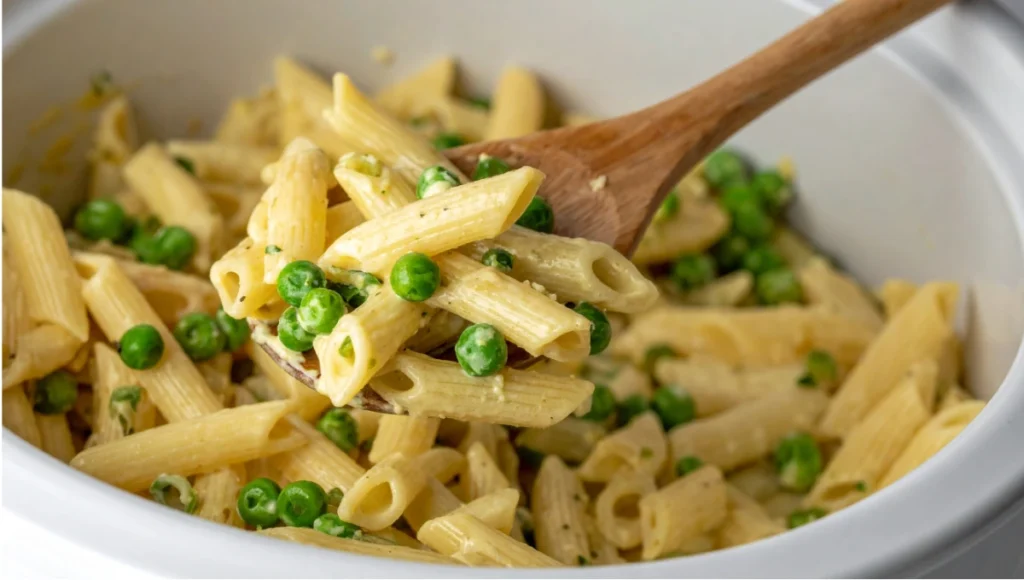 Stirring creamy dairy-free coconut pasta with peas in crockpot close-up texture shot