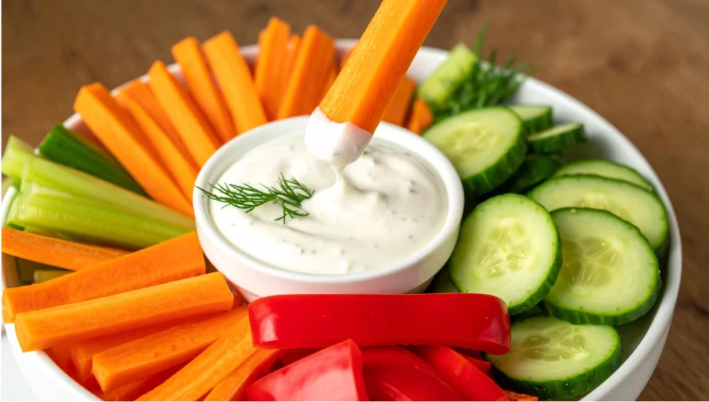 Fresh vegetable sticks with creamy cottage cheese ranch dressing dip, perfect healthy low-carb snack