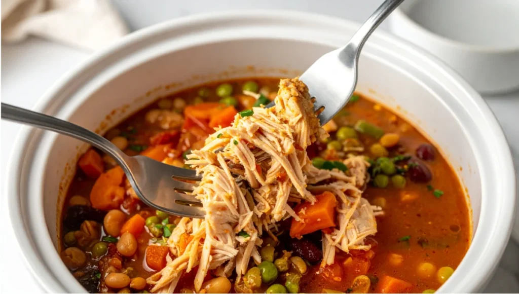 Close-up of shredding tender cooked chicken in crock pot for flavorful Weight Watchers pulled meat dishes