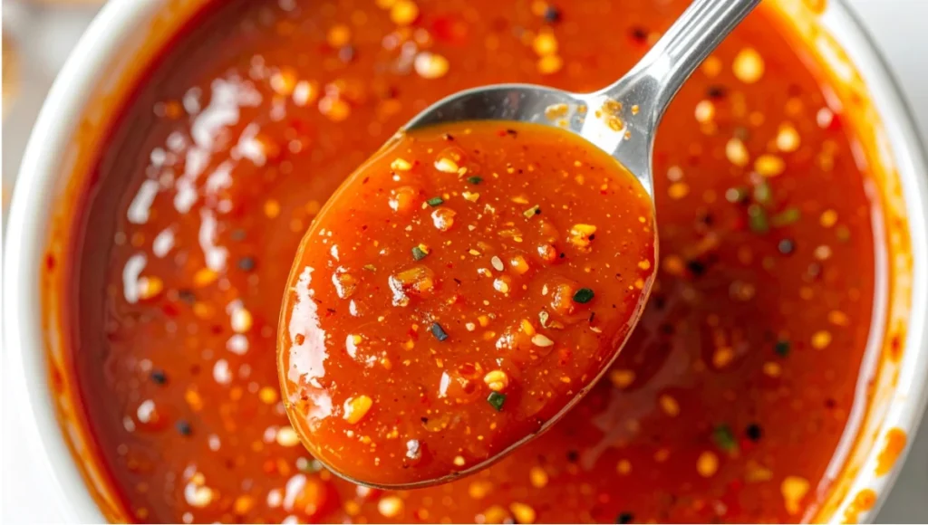 Macro close-up of spoon coated with thick glossy homemade Korean BBQ sauce showing perfect consistency