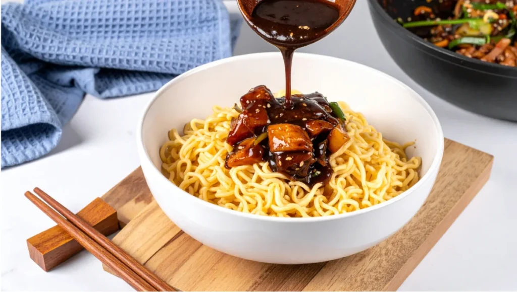 Ladling thick glossy chunjang black bean sauce with pork and vegetables over wheat noodles for Ja Jang Myun recipe
