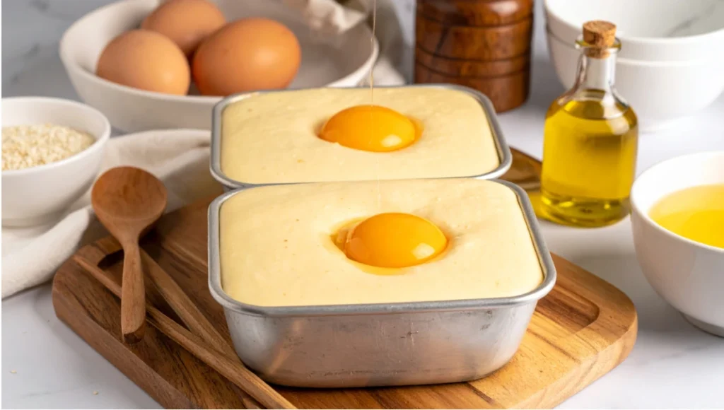 Topping batter with whole eggs for traditional Korean gyeran bbang egg bread before baking