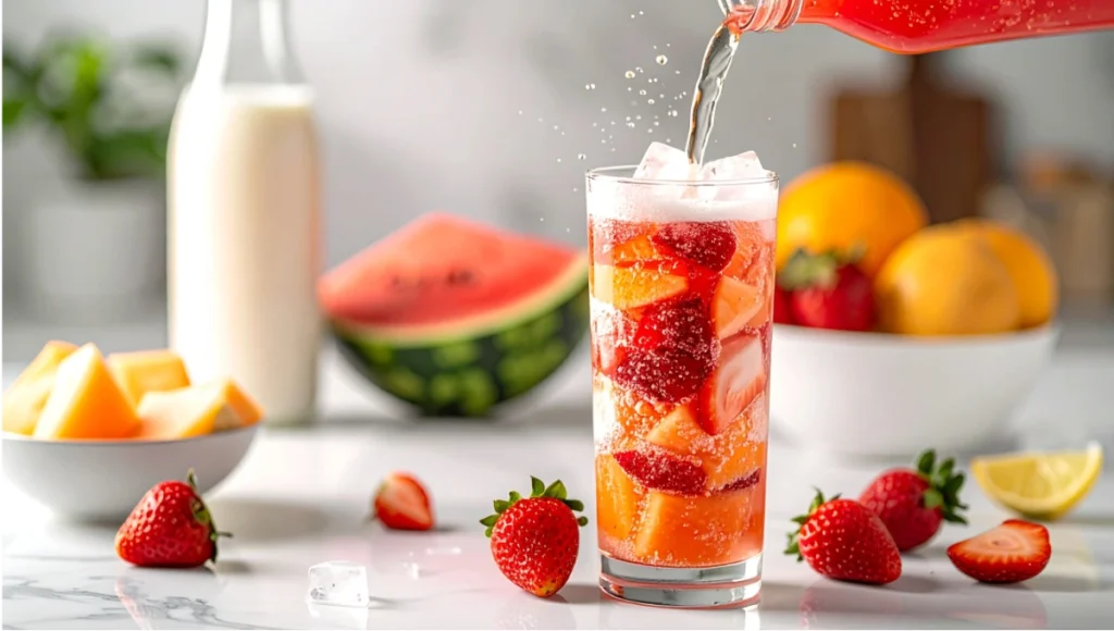 Dynamic pour of fizzy soda into creamy milk and fresh fruits for Korean Classic Watermelon Hwachae dessert soda