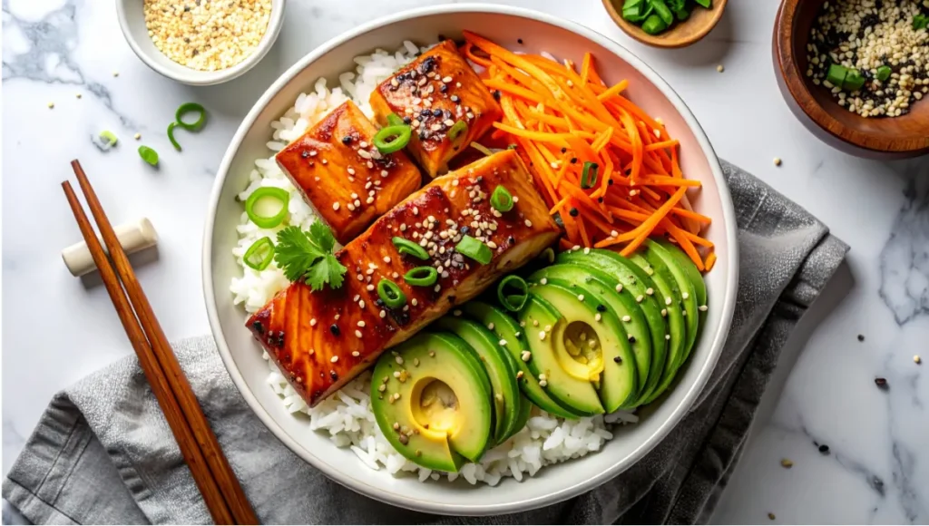 Overhead view of miso-gochujang salmon rice bowl with glazed salmon, fresh vegetables, sesame seeds, and avocado