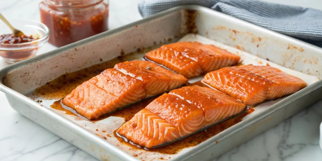 Baking dish with gochujang-marinated salmon fillets brushed with maple syrup glaze, ready for the oven, set on a marble countertop with gochujang jar in the background.