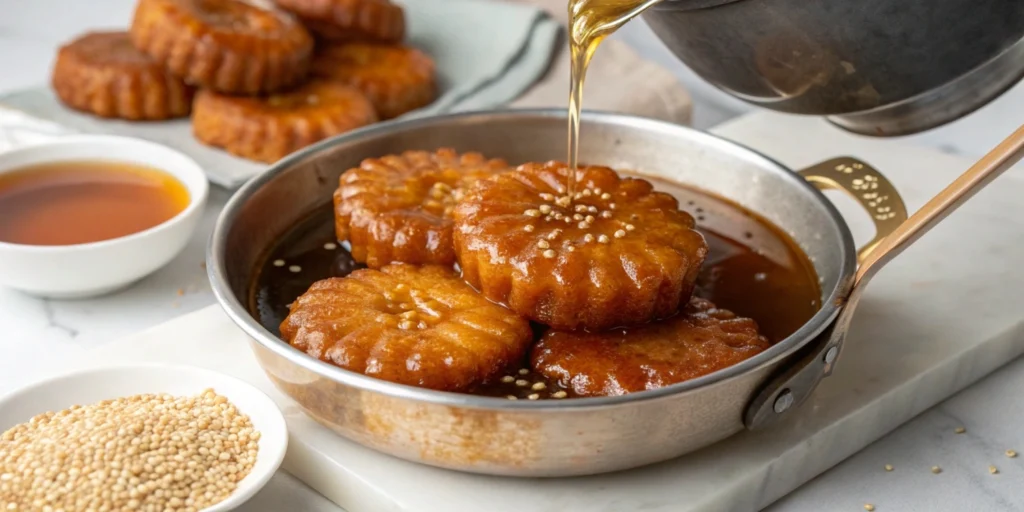 Freshly fried Yakgwa pieces being dipped into warm honey and ginger syrup in a pot on a white marble countertop, with sesame seeds in the background.
