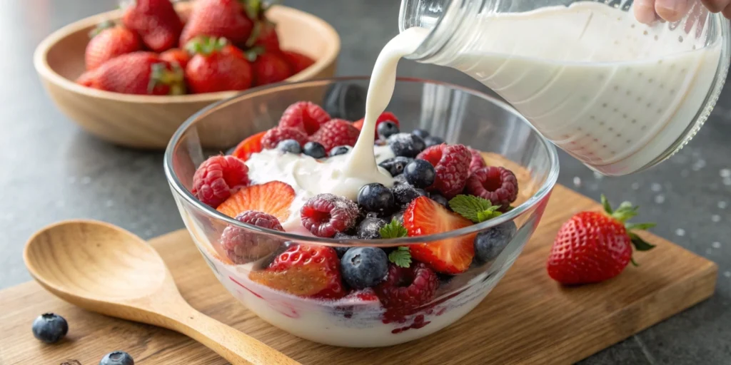 Vibrant berry Hwachae in a clear bowl with almond milk and cream soda being added.