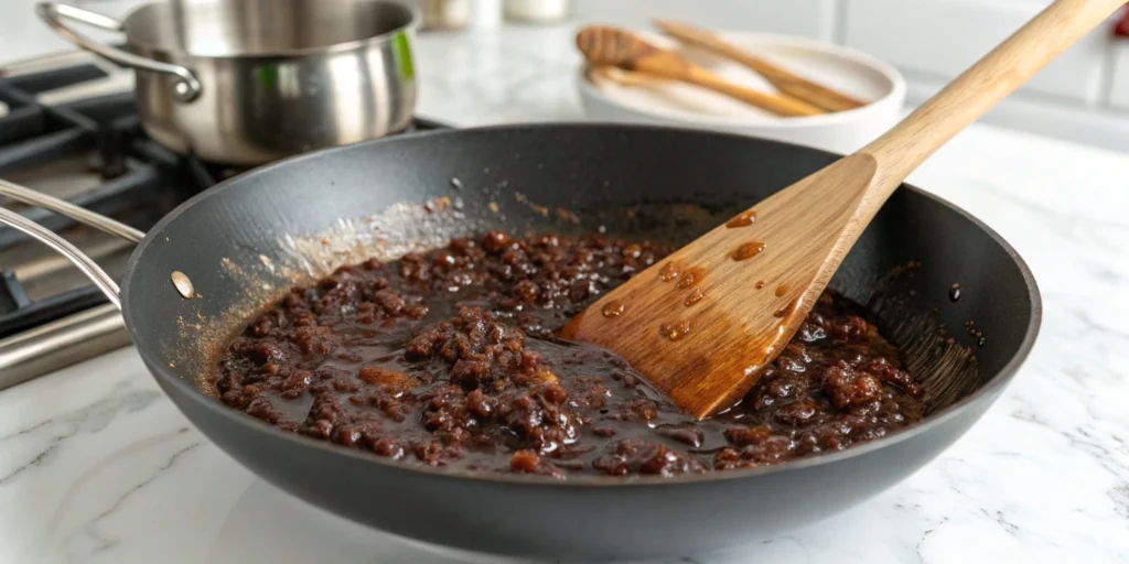 Close-up of black bean paste sizzling in a wok, being stirred with a wooden spatula in a modern kitchen setting.