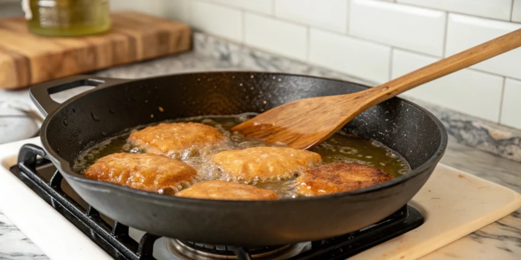 Yakgwa pieces frying in bubbling golden oil in a cast iron pan on a stove with a marble backsplash and a wooden spoon nearby.