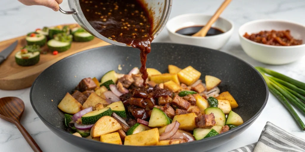 Black bean sauce being poured over stir-fried vegetables and pork in a wok, set against a white marble countertop.