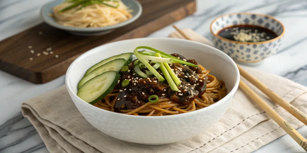 A bowl of Ja Jang Myun noodles topped with rich black bean sauce, garnished with cucumber slices and sesame seeds, on a marble countertop.
