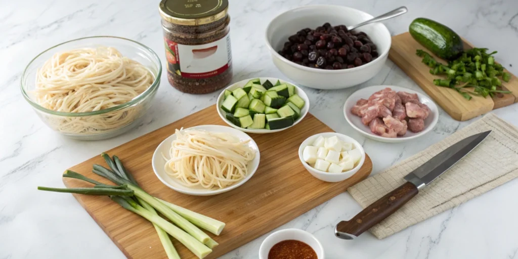 Top-down view of Ja Jang Myun ingredients neatly arranged on a marble countertop, including fresh noodles, black bean paste, and vegetables.