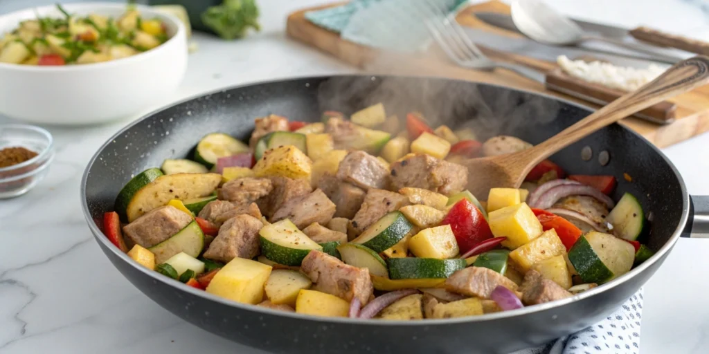 Stir-fried pork and colorful vegetables in a wok, with steam rising, set against a clean marble kitchen countertop.