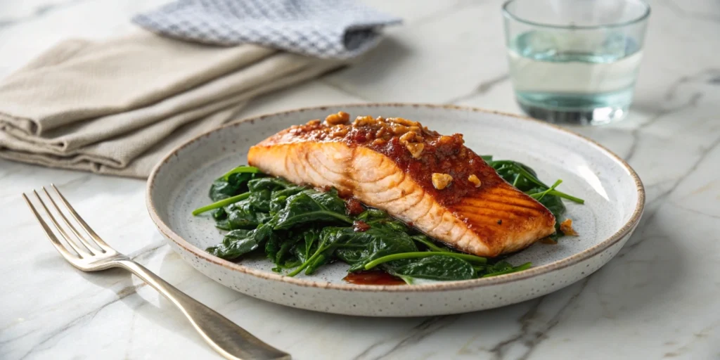 Gochujang salmon paired with sautéed garlic spinach on a white plate, styled on a marble countertop with utensils and a glass of water in the background.