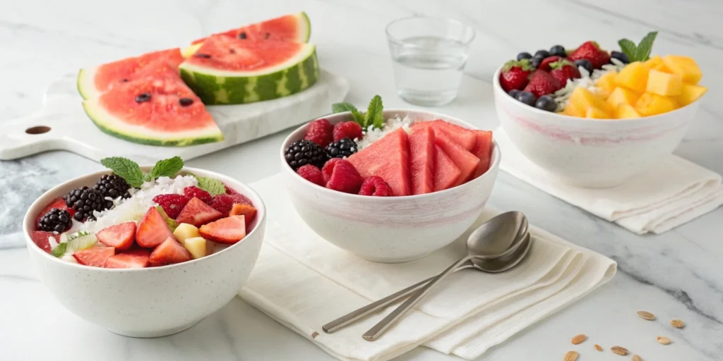 Three Hwachae variations—watermelon, berry, and tropical—served in bowls with matching garnishes.
