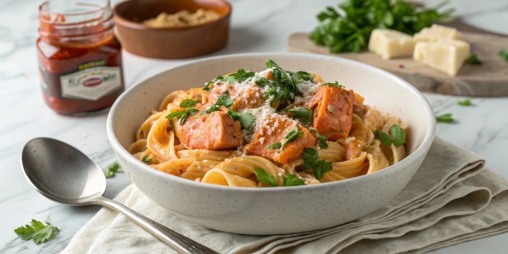 Creamy gochujang salmon pasta garnished with parsley and Parmesan, served in a bowl on a marble countertop with a napkin and Parmesan block in the background.