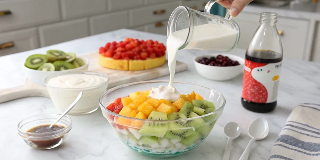 Process of making classic watermelon Hwachae with fruits being layered and milk poured over them.