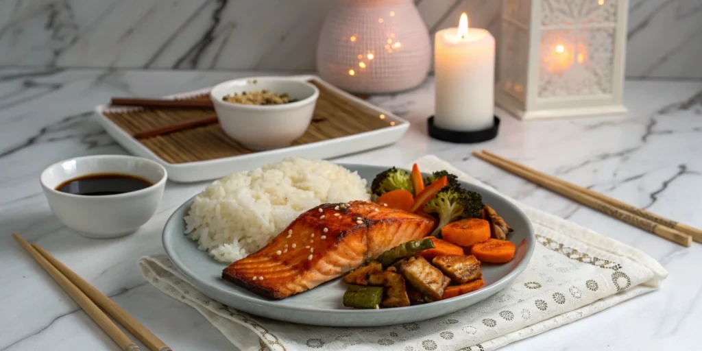 Dinner setup with gochujang salmon, steamed rice, and roasted vegetables, styled on a marble countertop with chopsticks and a cozy candle-lit ambiance.