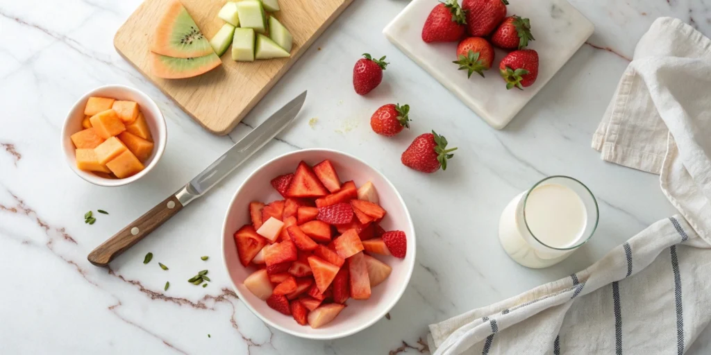 Overhead shot of fresh Hwachae ingredients, including watermelon chunks and strawberries, on a marble countertop.