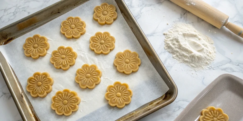 Floral-shaped Yakgwa dough pieces arranged on parchment paper on a baking tray, with flour and a rolling pin on a marble countertop.