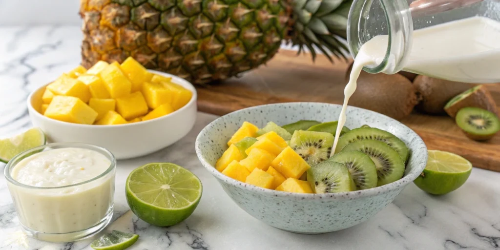 Tropical Hwachae with mango, pineapple, and kiwi served in a glass bowl with coconut milk and soda.