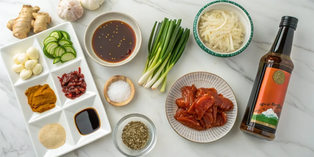 Fresh ingredients for Korean BBQ sauce laid out on a white marble kitchen countertop, including gochujang, soy sauce, sesame oil, garlic, and ginger.