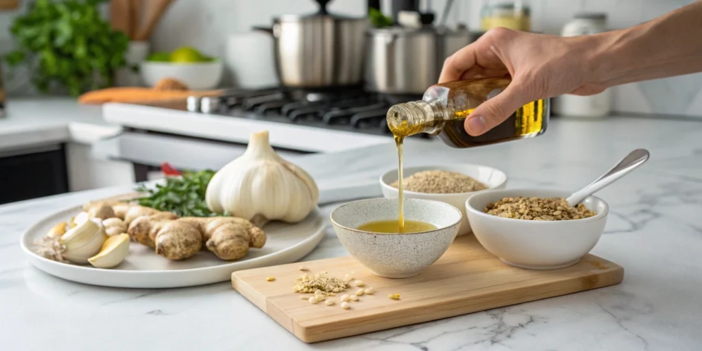 Fresh garlic, ginger, and sesame oil with a hand pouring sesame oil into a spoon on a white marble countertop in a well-organized kitchen.