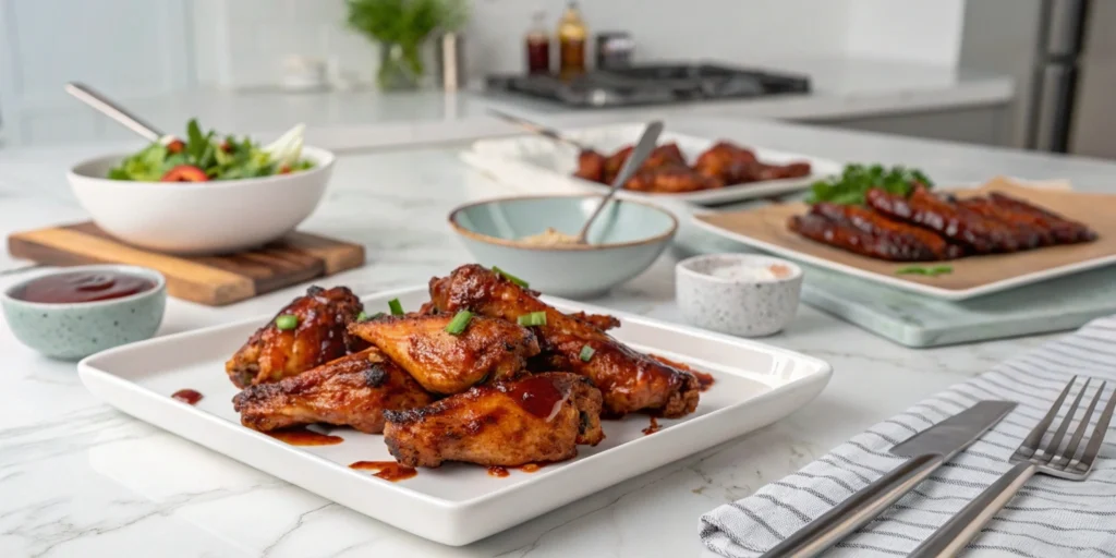 Grilled chicken wings drizzled with Korean BBQ sauce on a white marble countertop in a modern kitchen.